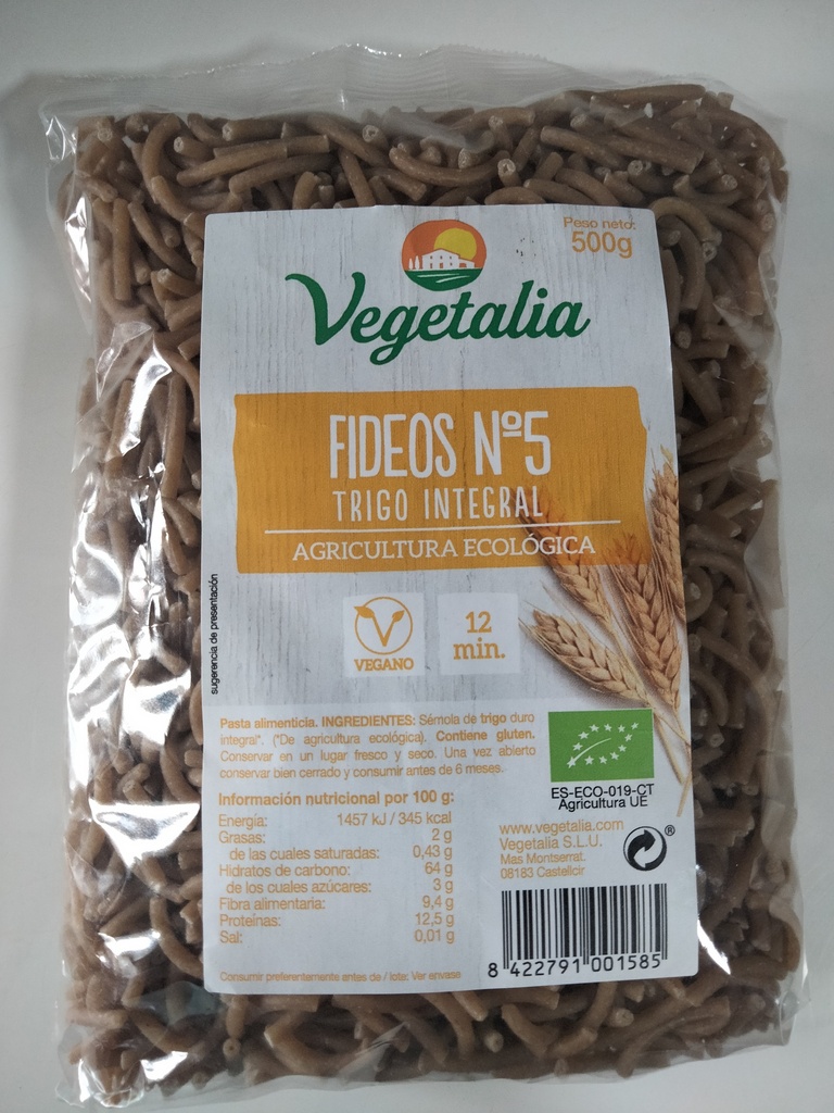 Fideos n.º5 Fideuá Trigo integral - 500 grs - Vegetalia